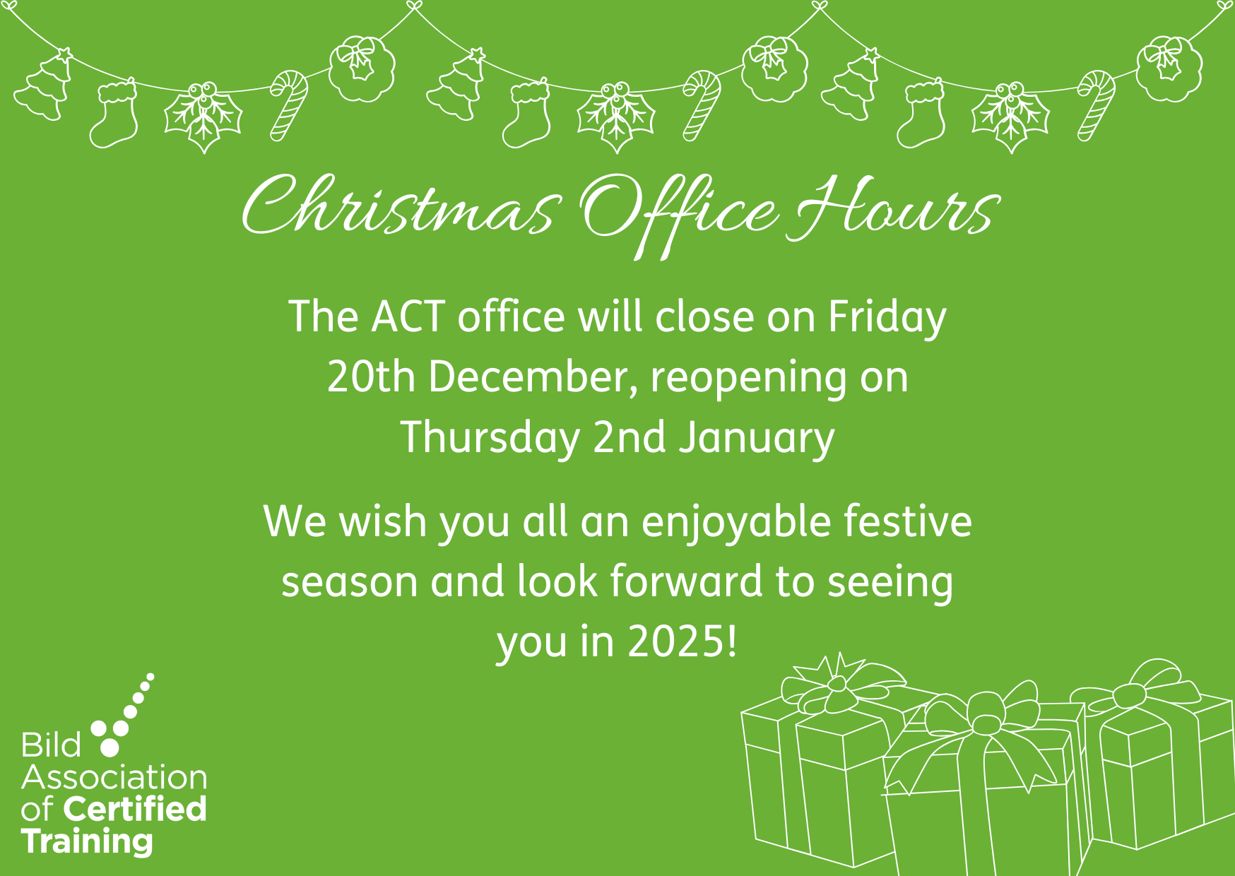 The ACT office will close on Friday 20th December, reopening on Thursday 2nd January. We wish you all an enjoyable festive season and look forward to seeing you in 2025!